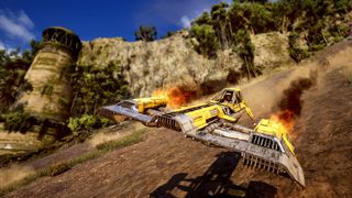 Boosting down a steep incline in a yellow speeder in Star Wars: Galactic Racer on a muddy and forested planet