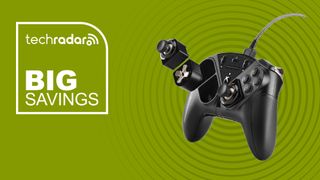 The Thrustmaster eSwap X pro controller on a green background with white big savings text