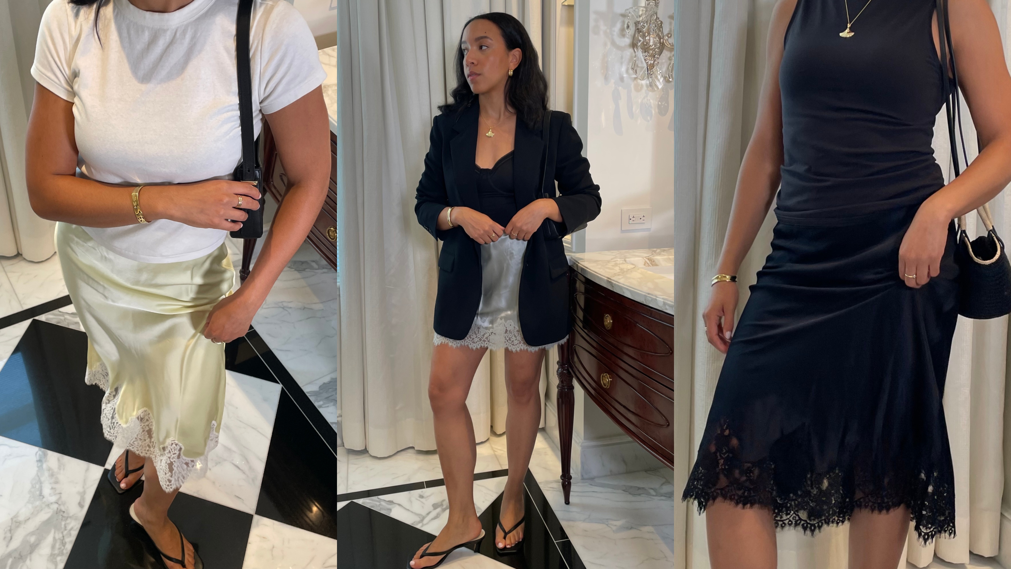 Lauren Tappan wearing a white tee and a yellow lace skirt, Lauren Tappan wearing a black blazer and a silver lace skirt, Lauren Tappan wearing a black top and a black lace skirt 