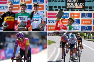  Paris Roubaix Femmes 2020 podium, Elisa Longo Borghini (Trek-Segafredo), Chantal van den Broek -Blaak (SD Worx) and break of Lucinda Brand (Trek-Segafredo), Marta Bastianelli (UAE Team ADQ) and Lotte Kopecky (SD Worx)