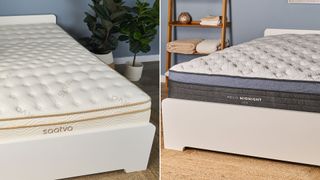 Composite image of the Saatva Classic and Helix Midnight Luxe mattresses in the Tom's Guide sleep studio