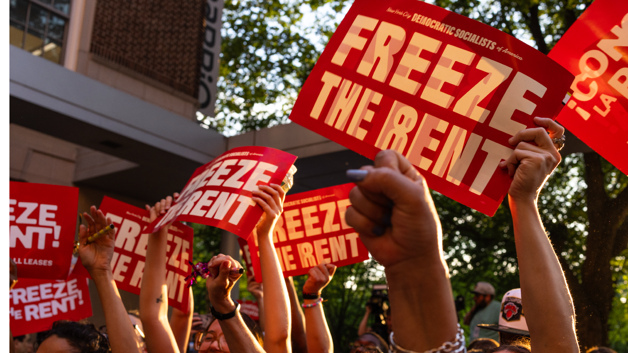 Tenant rights groups celebrate at the final hearing of the New York City Rent Guidelines Board on June 25, 2026, held at the El Museo del Barrio in the East Harlem neighborhood of New York City.