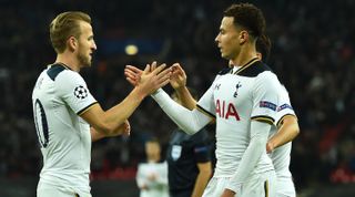 Tottenham Hotspur's English midfielder Dele Alli (R) celebrates with Tottenham Hotspur's English striker Harry Kane (L) after scoring their first goal during the UEFA Champions League group E football match between Tottenham Hotspur and CSKA Moscow at Wembley Stadium in north London on December 7, 2016. / AFP / Glyn KIRK (Photo credit should read GLYN KIRK/AFP via Getty Images)