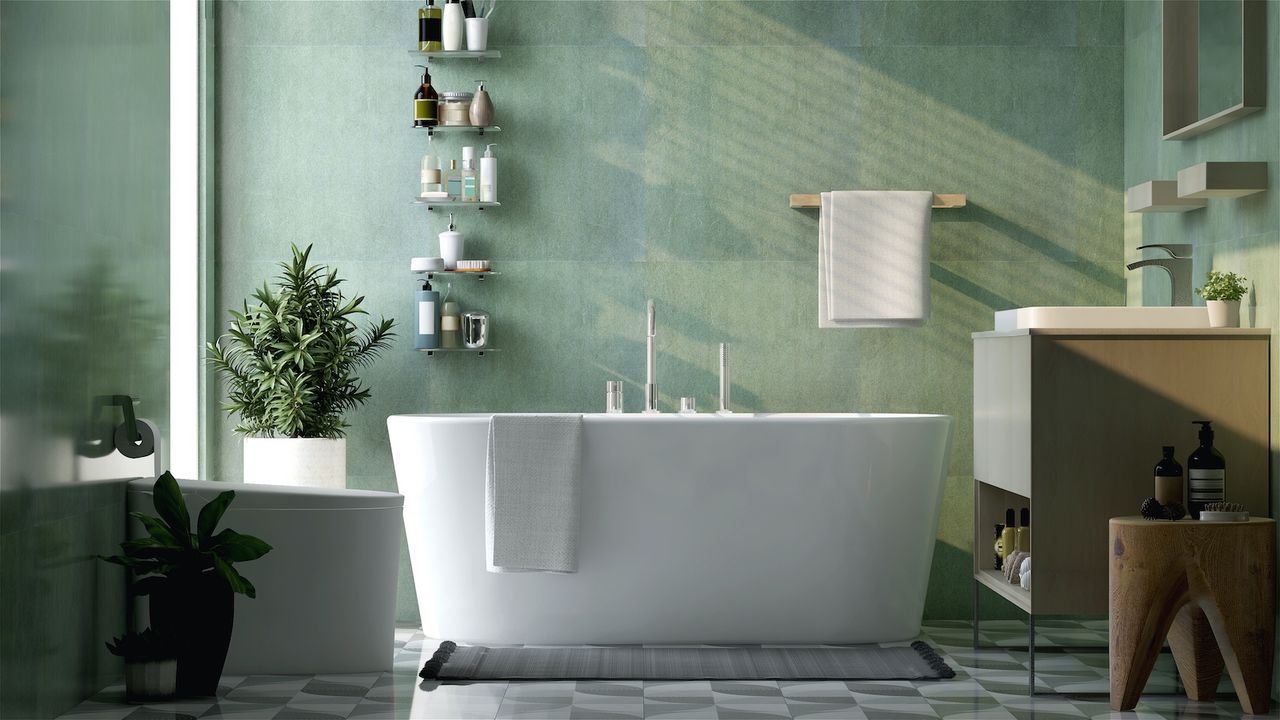 Modern and luxury design bathroom with bathtub, toilet bowl, vanity, washbasin, shelf and towel rail in sunlight from window on green granite wall and tile floor for cleaning, toiletries product display background