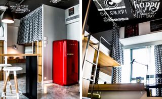 A Ferrari-red retro refrigerator is a striking addition to the pared-down neutral tones and natural timber palette