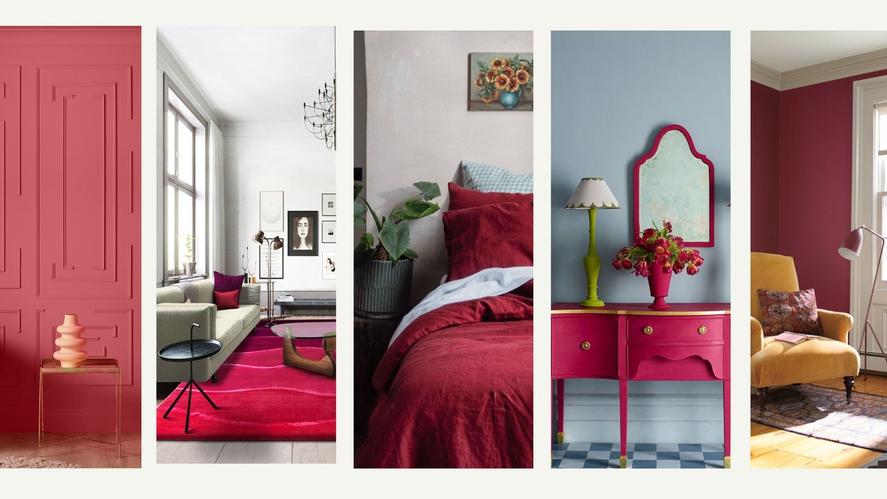 Collage of images showing how to use Viva Magenta Pantone Color of the year 2023 in homes from painted walls, painted furniture, bedding, accessories and a rug