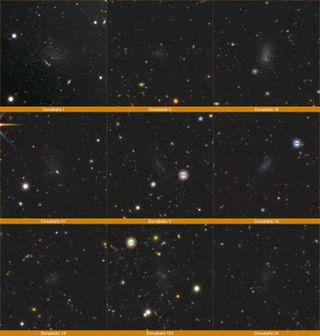 Several images of space indicate the locations of dwarf galaxies.