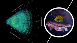 The James Webb Space Telescope is illustrated in front of a greenish blue slice of data.