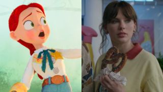 From left to right: Jessie freaking out in Toy Story 5 and Taylor Swift holding a pretzel in the Opalite video.