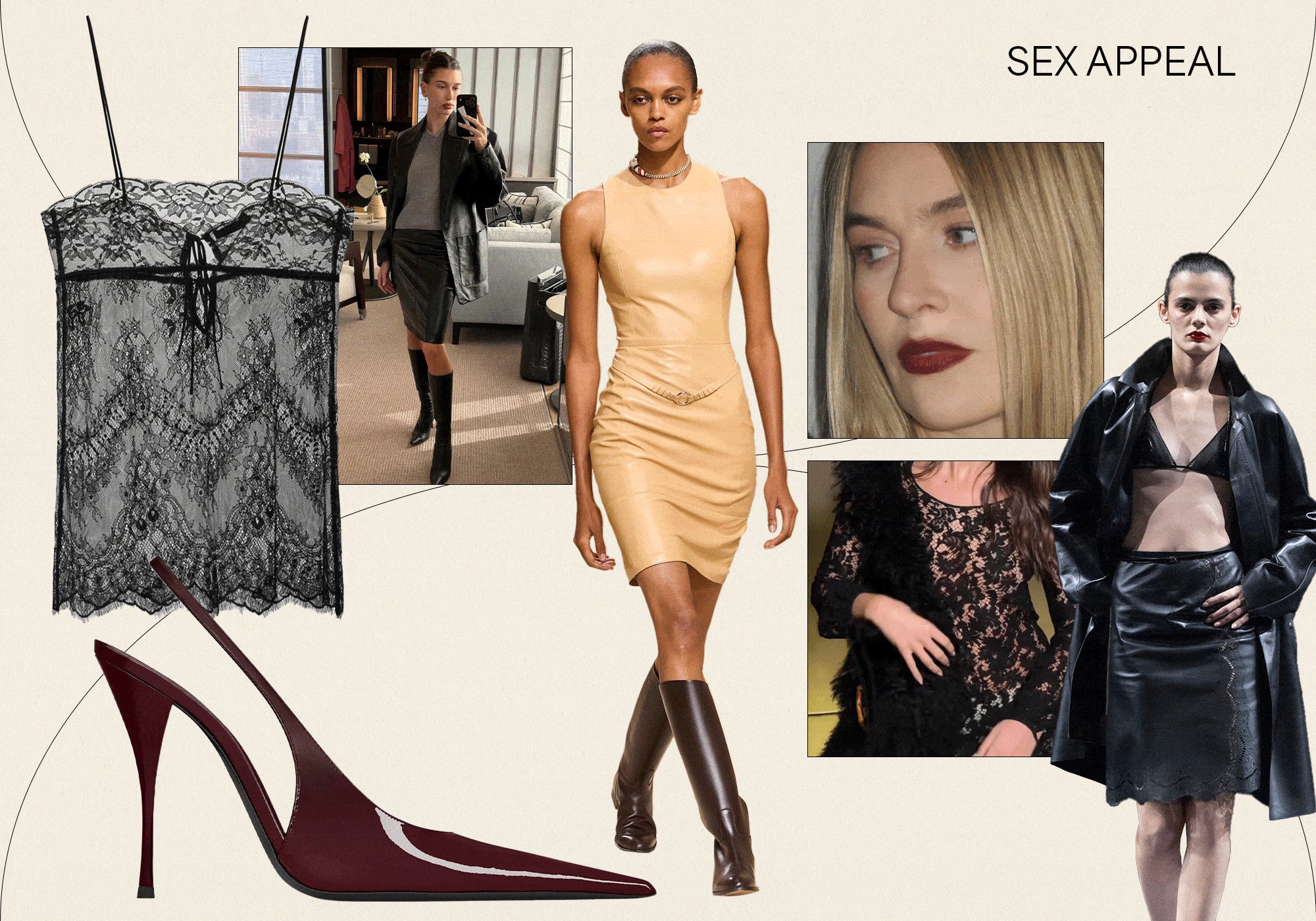A collage featuring the summer 2026 fashion trend, Sex Appeal, with runway, Instagram, and product imagery and gifs.