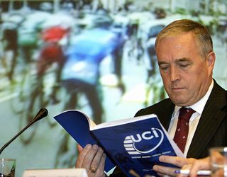 MADRID Spain The newly elected president of the International Cycling Union UCI Irishman Pat McQuaid reads a handbook during the 174th congress of the International Cycling Union at the World road race championships in Madrid 23 September 2005 in Madrid McQuaid 56 replaces 64yearold Dutchman Hein Verbruggen who has been the president of the UCI for the past 14 years AFP PHOTOFRANCK FIFE Photo credit should read FRANCK FIFEAFP via Getty Images