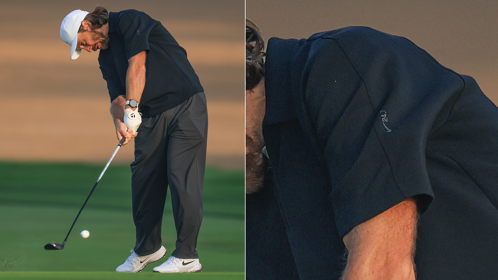 Tommy Fleetwood strikes a fairway wood from the fairway