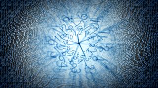 A clock appears from a sea of code.