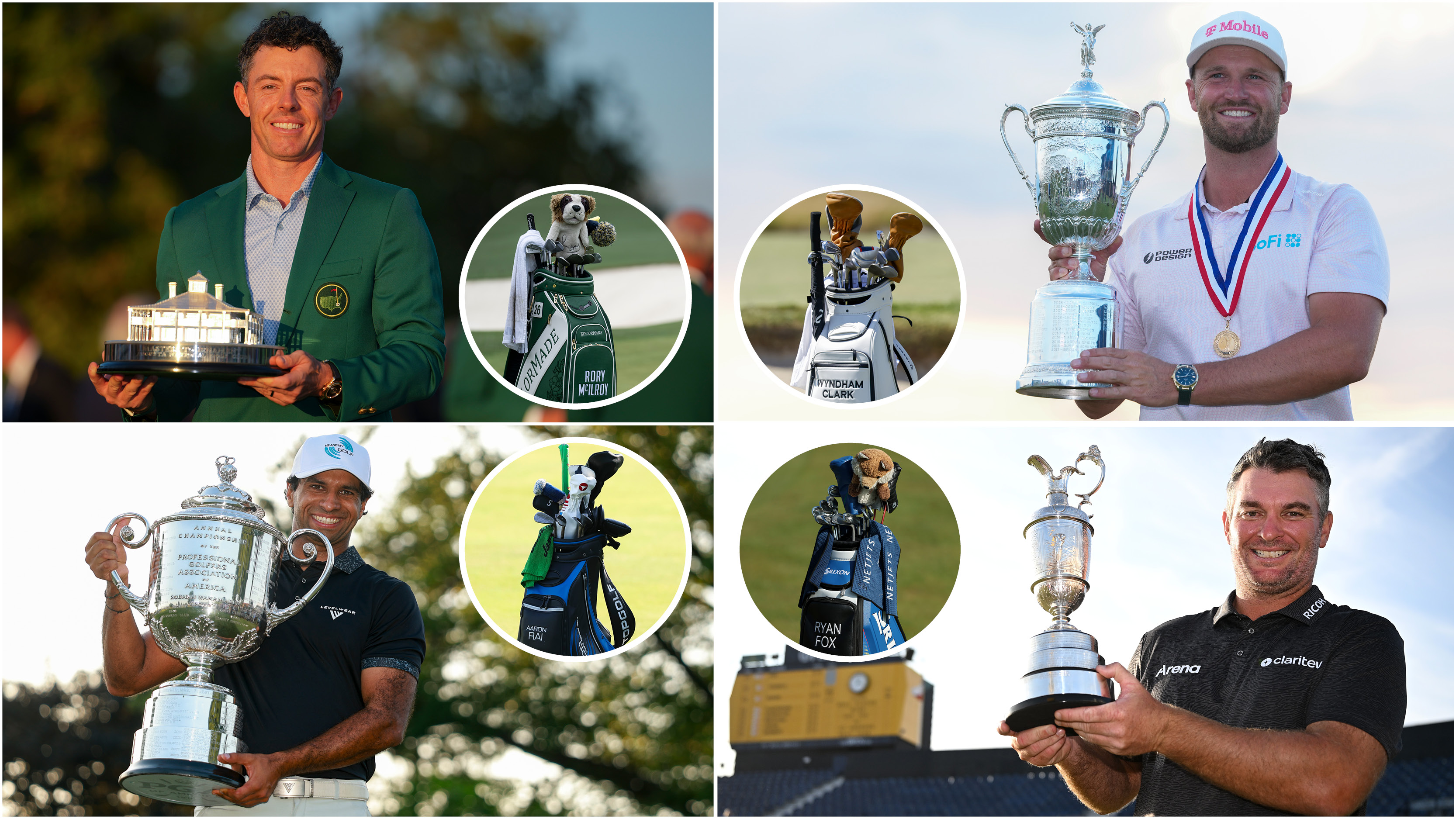 Rory McIlroy, Wyndham Clark, Aaron Rai and Ryan Fox hold Major trophies