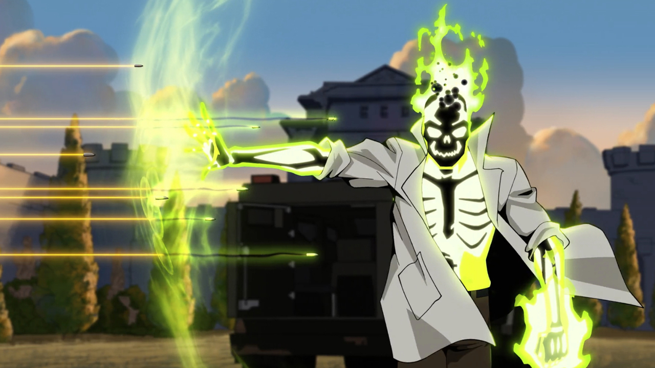 Doctor Phosphorus stops some bullets with his flame-based powers in Creature Commandos