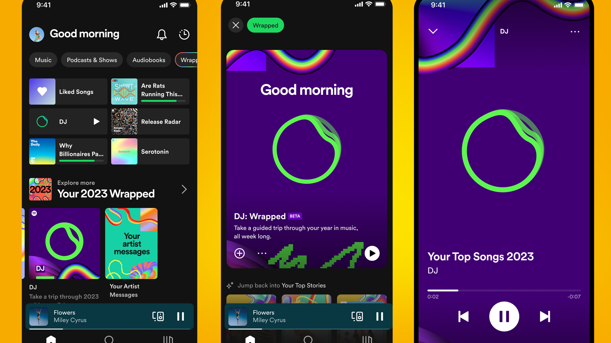 سه گوشی در پس‌زمینه نارنجی که Spotify Wrapped 2023 را نشان می‌دهند