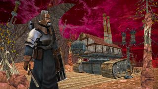 armored and gas masked individual standing in foreground with motorized tank-house in back