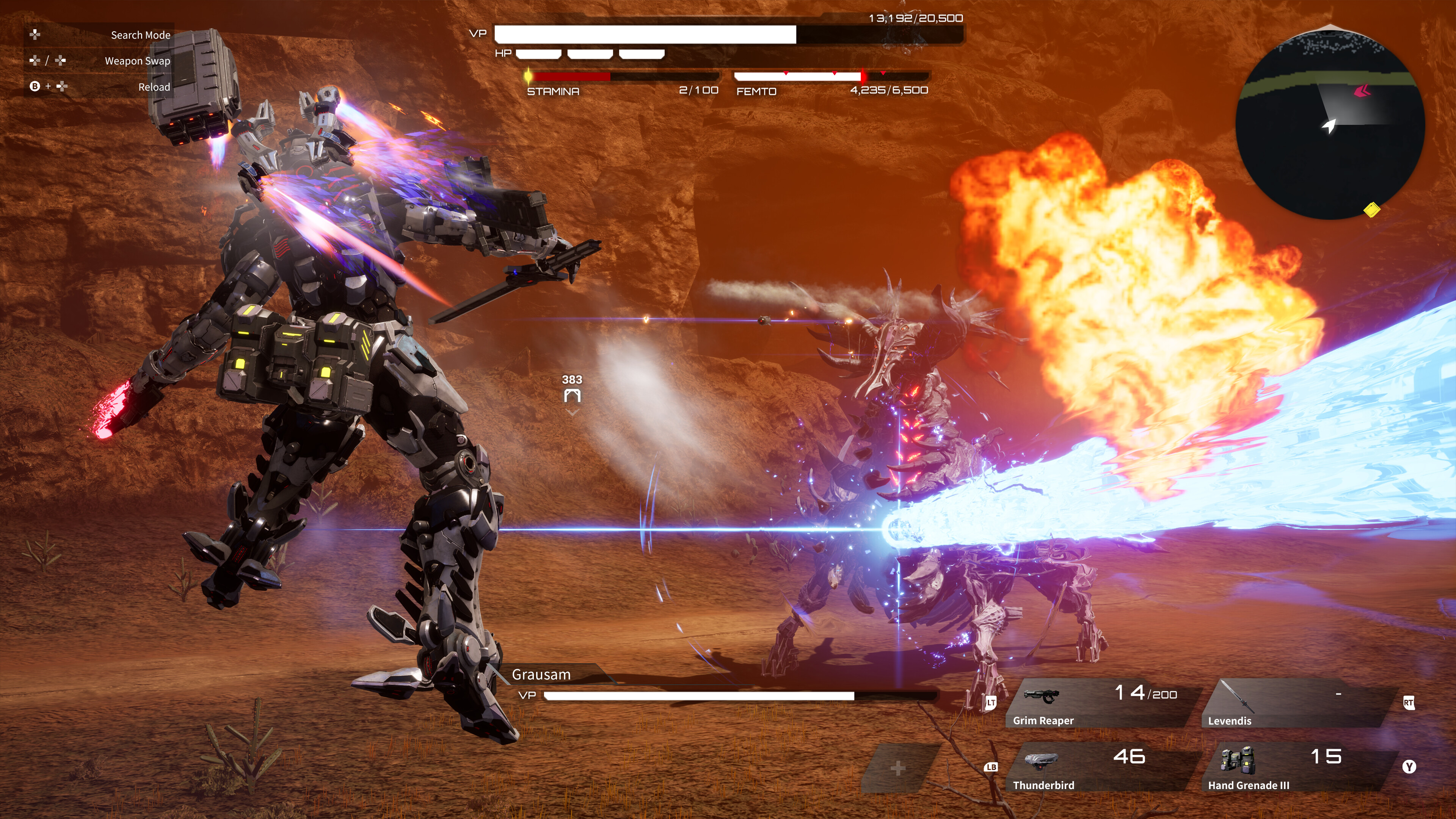 An Arsenal suit fires missiles from its shoulder launchers at an enemy in Daemon X Machina: Titanic Scion.