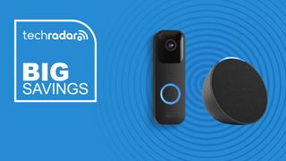 Amazon Blink Video Doorbell and Echo Pop in black on blue background with big savings sign