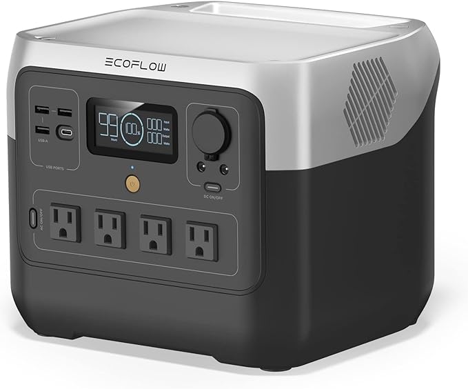 A black EcoFlow portable power station with outlets