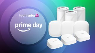 3 mesh Wi-Fi systems on a purple, blue and green gradient background with the TechRadar logo and "Prime Day" text
