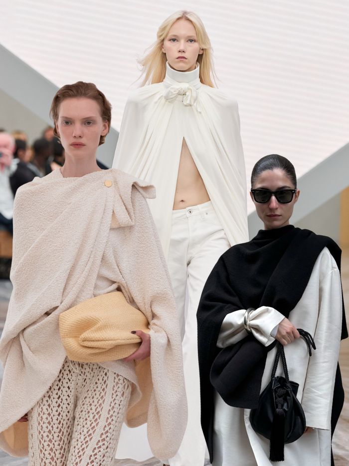 Alberta Ferretti model and two fashion people wearing capes
