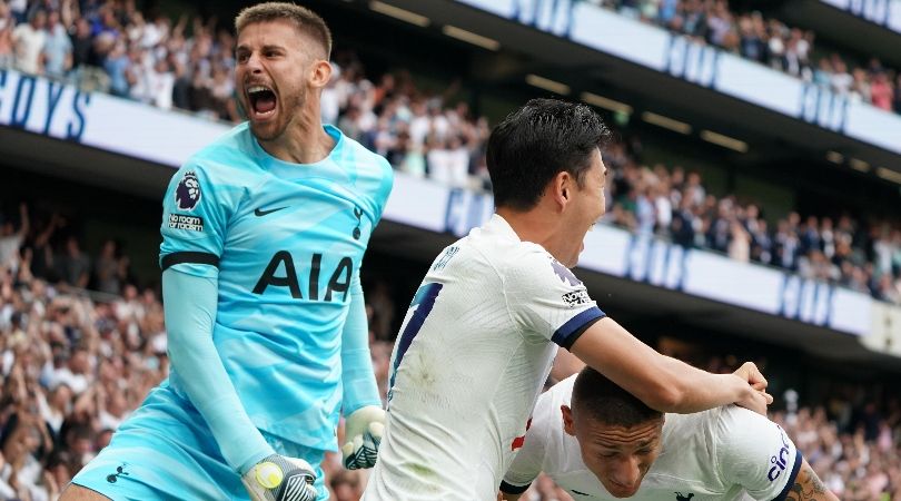 Guglielmo Vicario celebrates Tottenham&#039;s second goal against Sheffield United in September 2023.