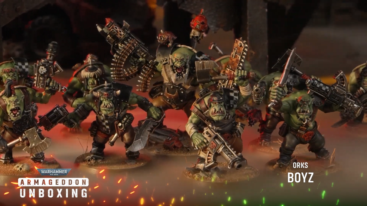 An array of Ork Boy models in a huddle