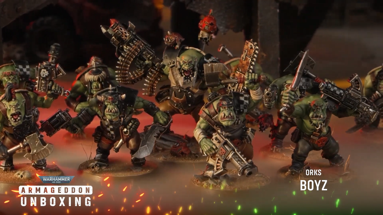 An array of Ork Boy models in a huddle