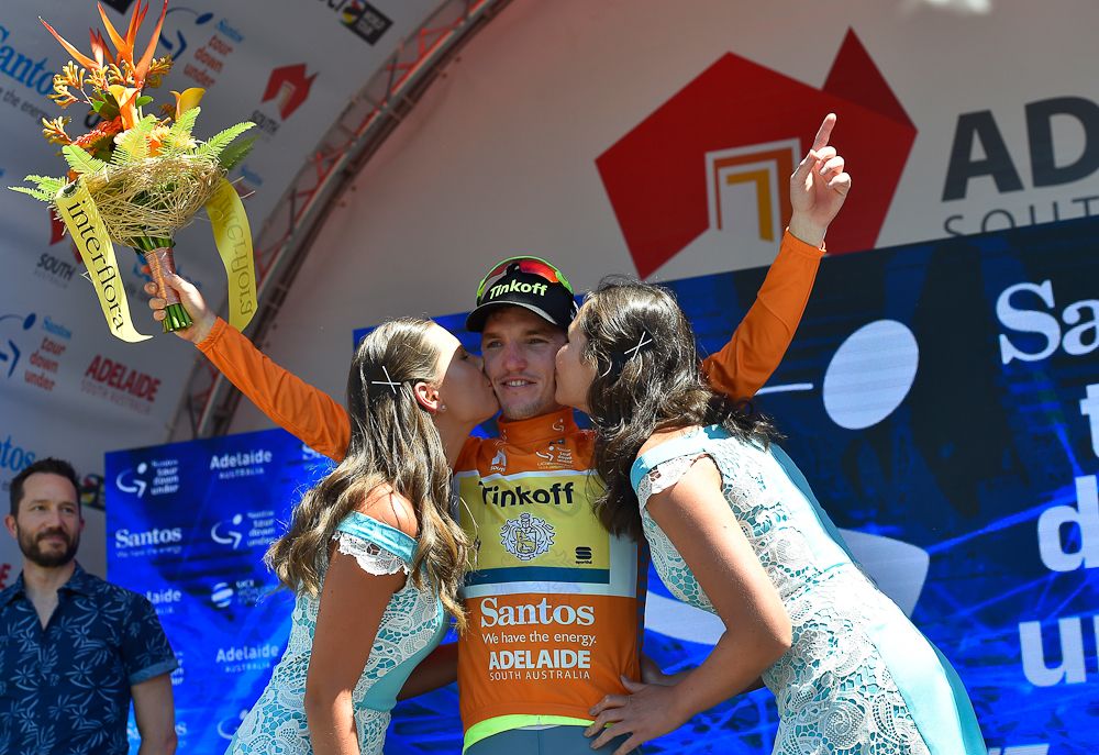 jay McCarthy on the stage 2 podium at the Tour Down Under