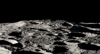An illustration of Mons Mouton, a mesa-like lunar mountain that towers above the landscape carved by craters near the moon's south pole.