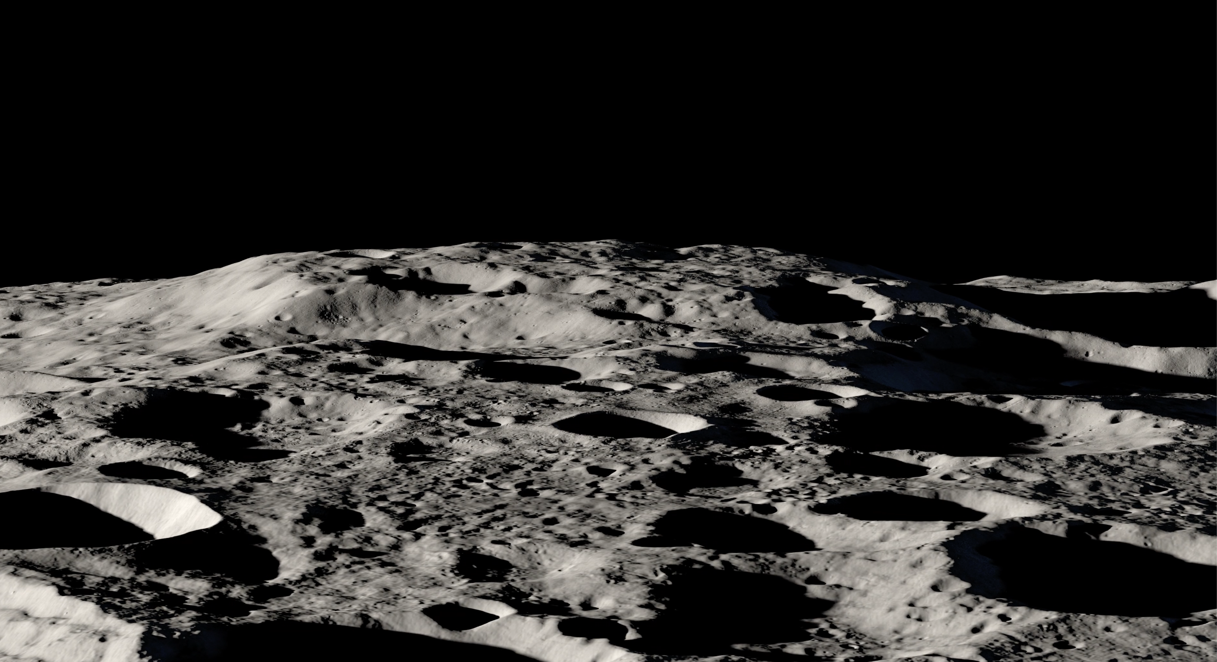 Illustration of Mons Mouton, a mesa-like lunar mountain that towers over the crater-carved landscape near the moon's south pole.