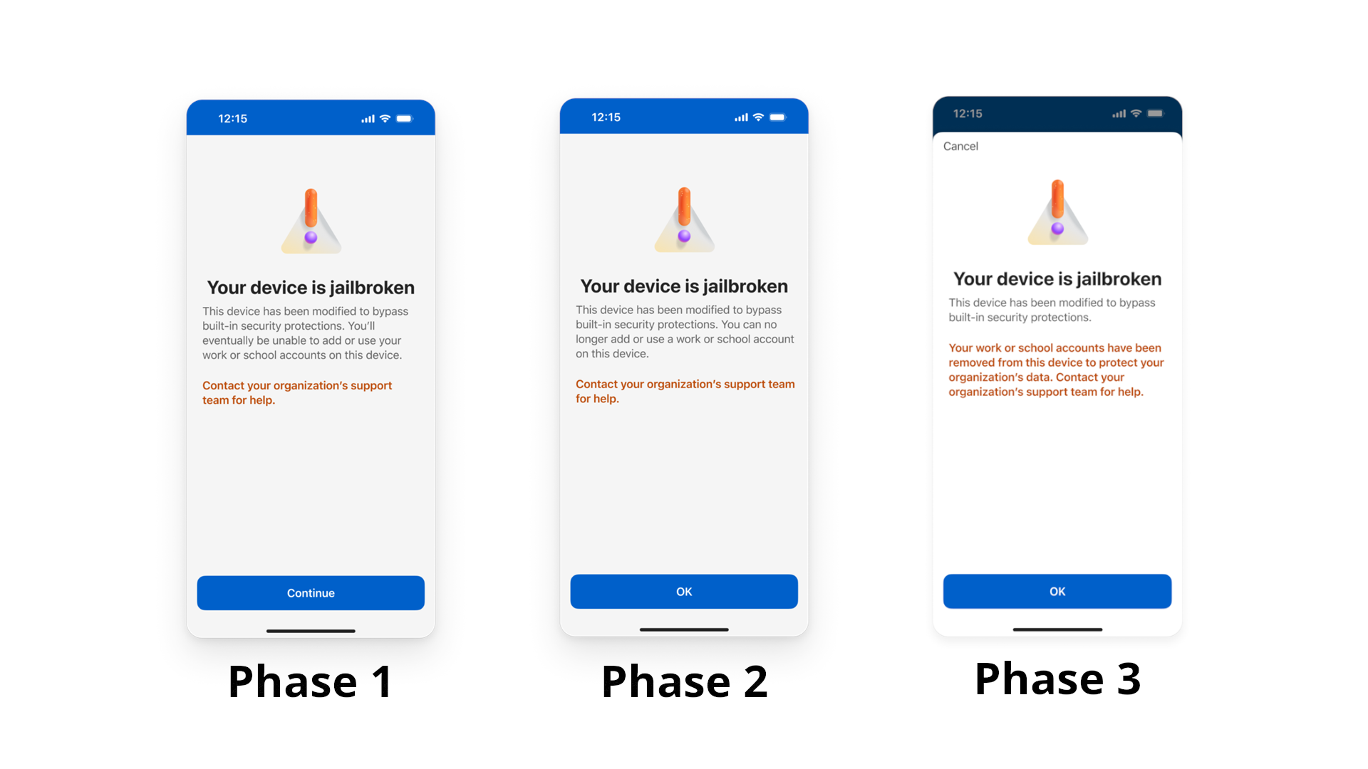 Microsoft Authenticator warnings on rooted/jailbroken devices with indications marking each phase of action.
