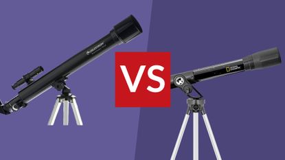 Celestron 21039 PowerSeeker 50AZ on the left, National Geographic Refractor 60/700 AZ telescope on the right, versus graphic in the middle