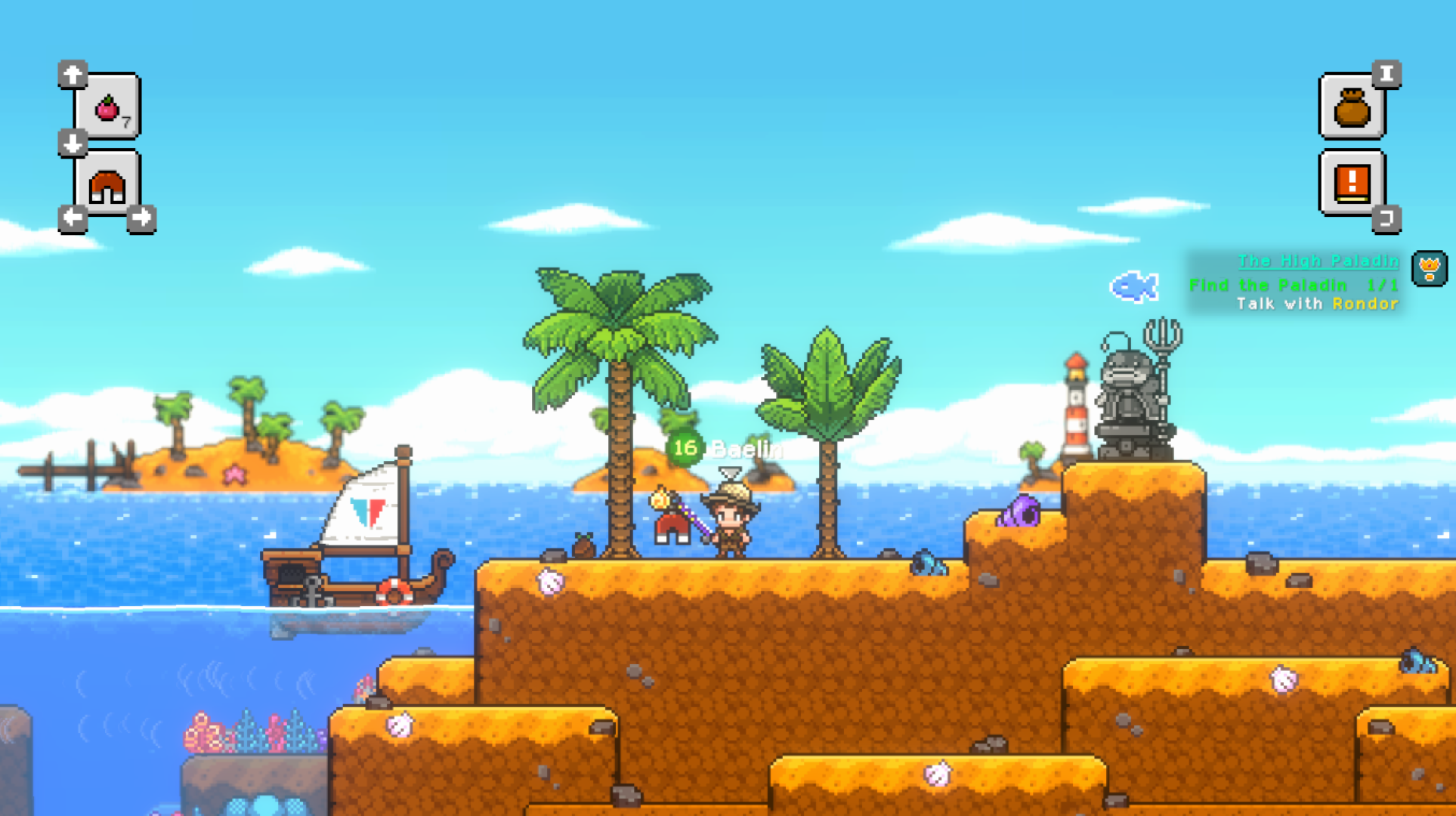 2D pixel art of a lone man on an island littered with shells with the blue ocean surrounding him, in a screenshot from Nice Day for Fishing.