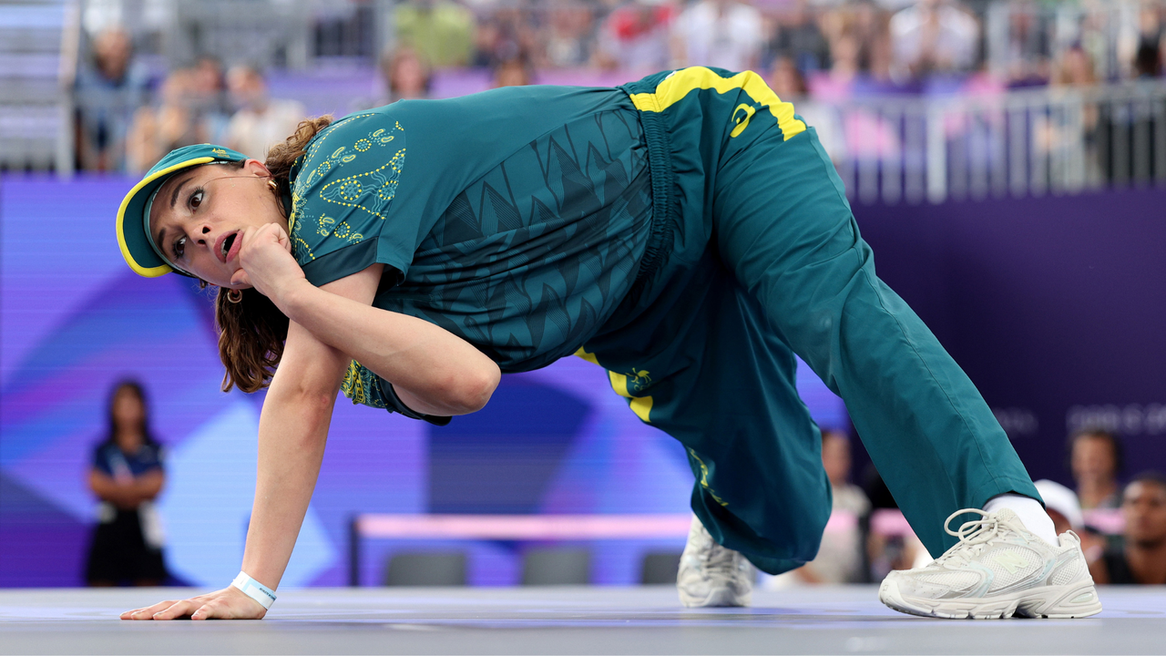 B-Girl Raygun of Team Australia competes during the B-Girls Round Robin - Group B on day fourteen of the Olympic Games Paris 2024 at Place de la Concorde on August 09, 2024 in Paris, France