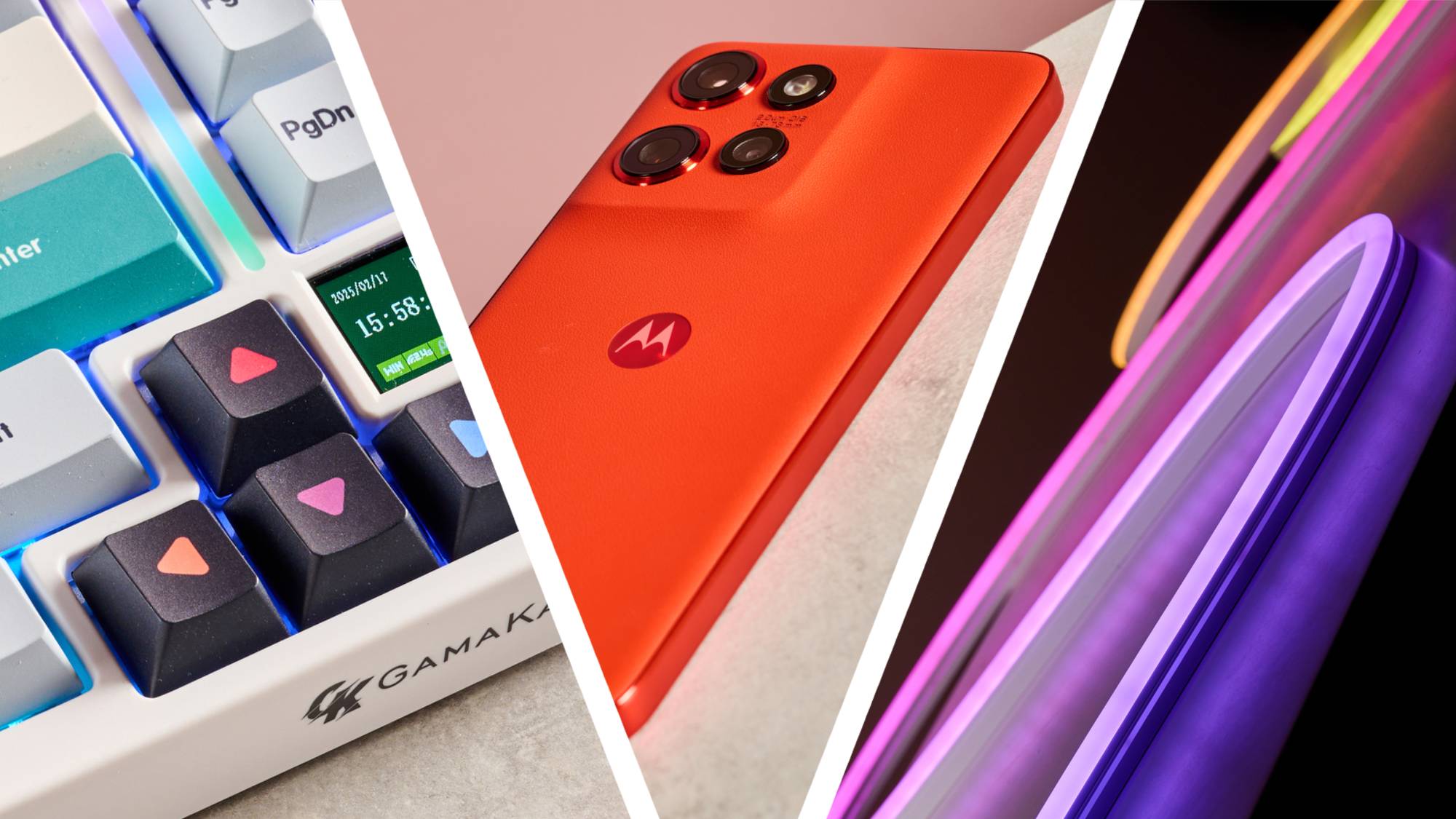 The image is split into three sections and shows parts of an RGB keyboard, an orange Motorola phone, and a multicolored rope light.