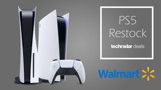 PS5 restock at Walmart header with PS5 console on grey background