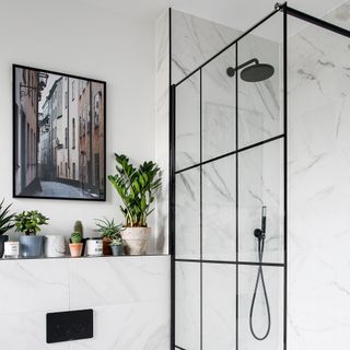 Walk in shower with Crittall style dividing wall