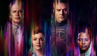 Philip K. Dick's Electric Dreams members of the cast bleeding into a colorful background