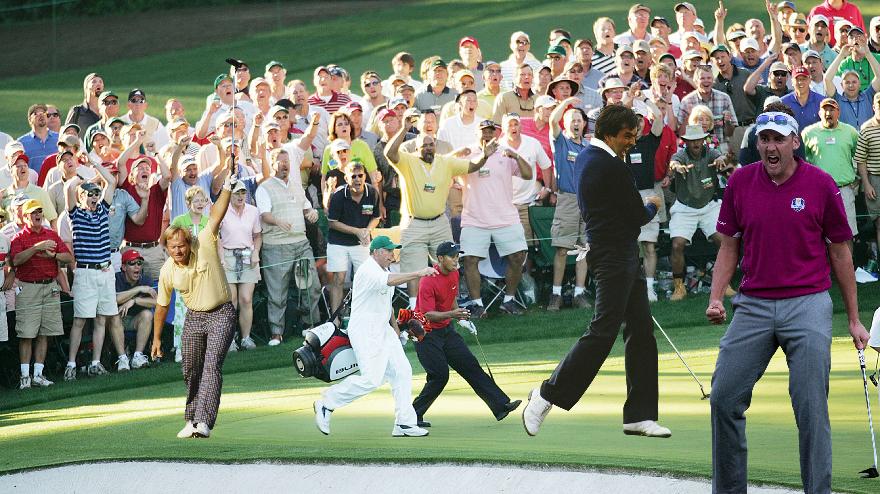 Tiger Woods, Jack Nicklaus, Seve Ballesteros and Ian Poulter all celebrating career defining moments on the golf course