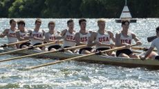 A screenshot of men competing in a rowing race in The Boys in the Boat, one of 2024's new movies