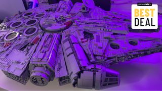 Lego UCS Millennium Falcon from side-on, bathed in purple light