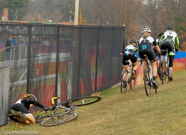 Andrea Smith (Ladies First Racing) tangled with the chain link fence and went down