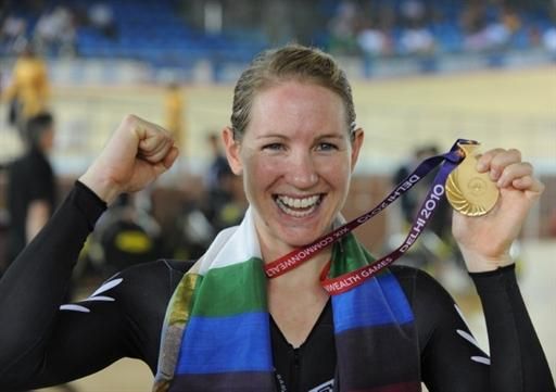 Alison Shanks (New Zealand) celebrates at the velodrome.