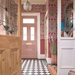 checkerboard flooring in decorative hallway