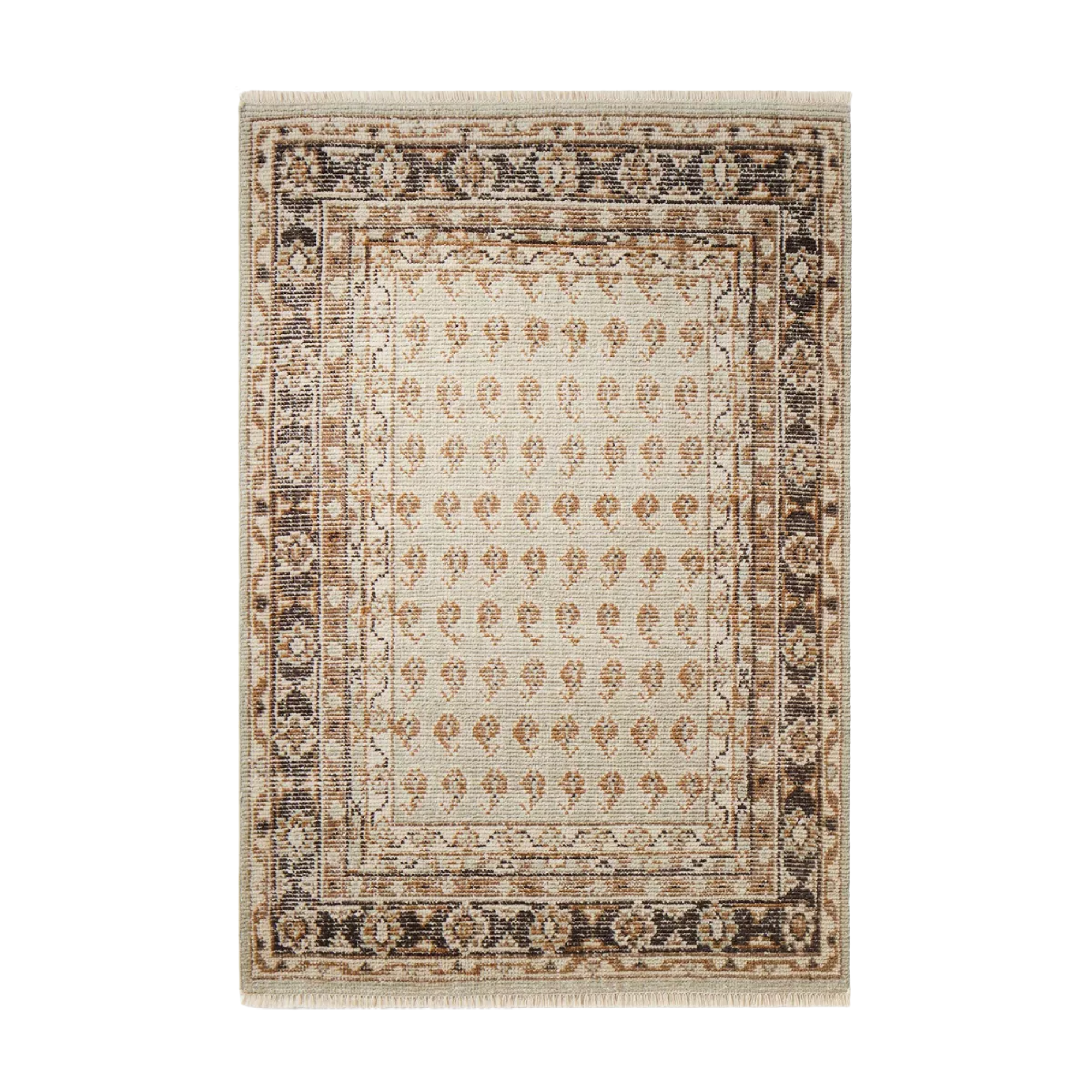 a vintage-inspired rug with brown, beige, and rust colored motifs