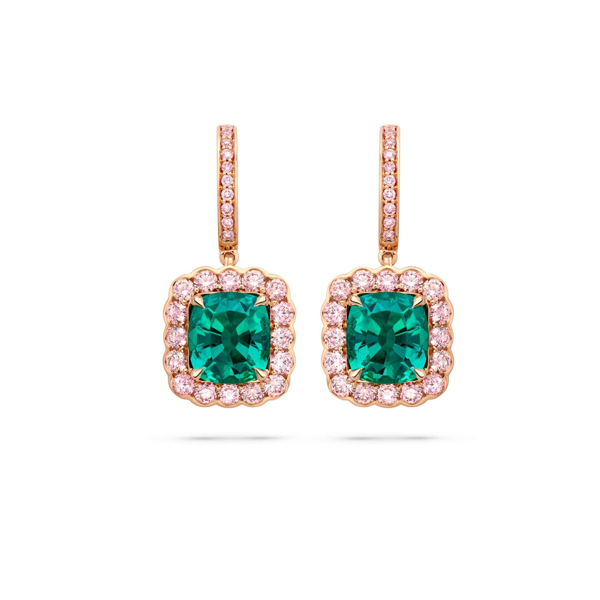 Scalloped Cushion Emerald Rose Gold Earrings