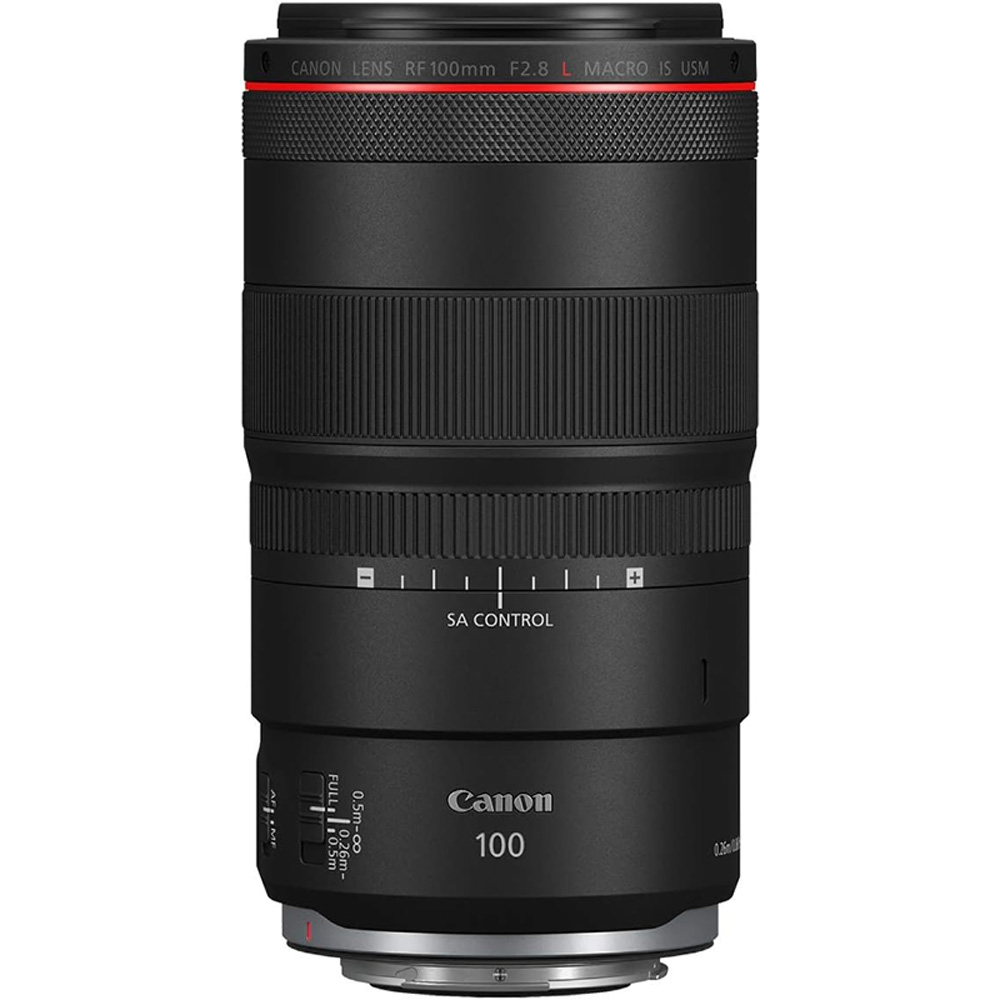 Canon RF 100mm F2.8L Macro IS USM lens on a white background