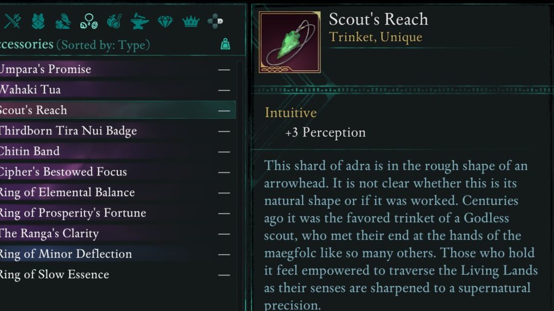 Avowed screenshot of inventory showing a Scout's Reach Trinket